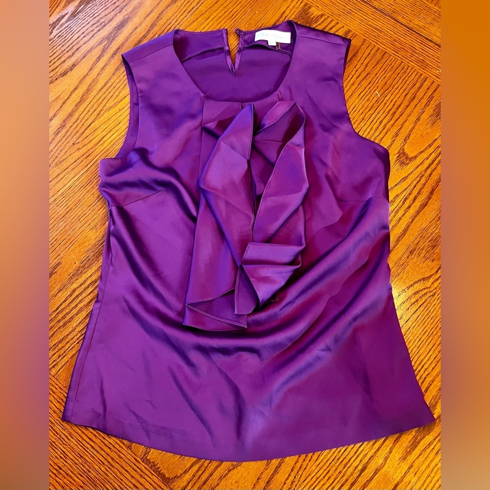 Calvin Klein Blouse Women 2 Purple Good Satin Ruffle Sleeveless Shell Top